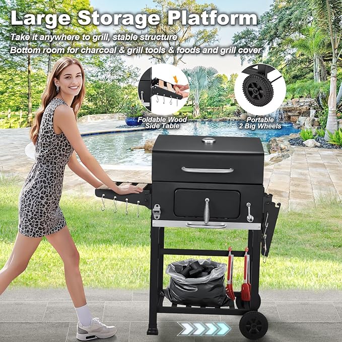 MELLCOM Small Charcoal Grill with Wood Foldable Side Table - 338 Sq.In BBQ Area with Individual Lifting Charcoal Trays & Thermometer, Movable Charcoal Barbeque Grill for Patio, Garden and Backyard
