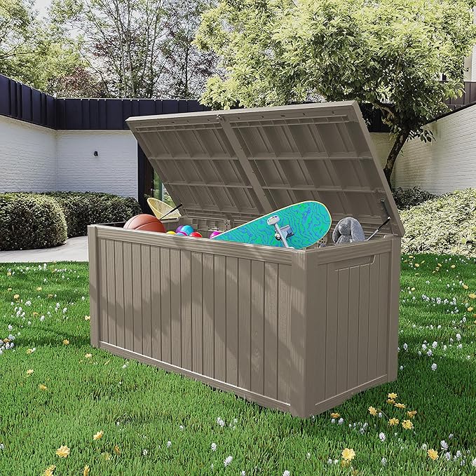 270 Gallon Resin Deck Box, Waterproof Outdoor Storage Box for Patio Furniture Cushions, Garden Tools, and Pool Accessories, Large Lockable UV-Resistant Storage Bin Bench Cabinet for Outside, Grey