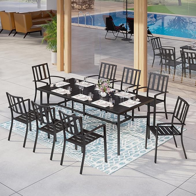 MFSTUDIO Outdoor Dining Set for 8, Patio Table and Chairs Set with Umbrella Hole, 9 Piece Metal Patio Dining Sets, Outdoor Patio Furniture Set for Deck Backyard Poolside Garden