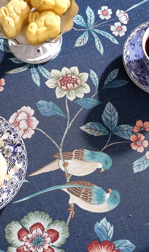 patdrea Designer Dark Blue Linen Rectangle Tablecloth,Vintage Navy French Floral and Birds Pattern Table Cloth,Decoration Table Cover for Kitchen,Dining,Tea Party,Home,Christmas,55"*87"