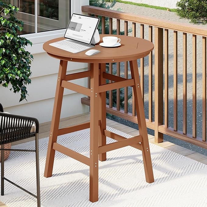 Costaelm Patio Bistro Table, 42" Counter Height Round Patio Cocktail Bar Table with Umbrella Hole, Outdoor Bistro Dining Pub Table for Front Porch Deck Backyard Garden, Teak