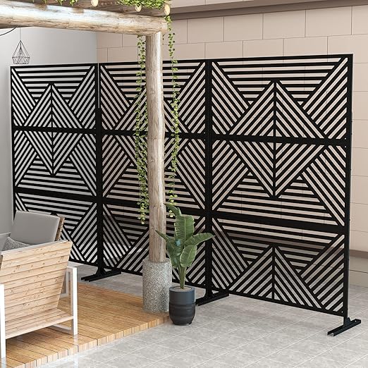 Casaphoria 72" H x 47" W Metal Outdoor Privacy Screen, Freestanding Decorative Divider for Patio, Deck, Balcony, and Garden with Stable Base, Black Zodiac