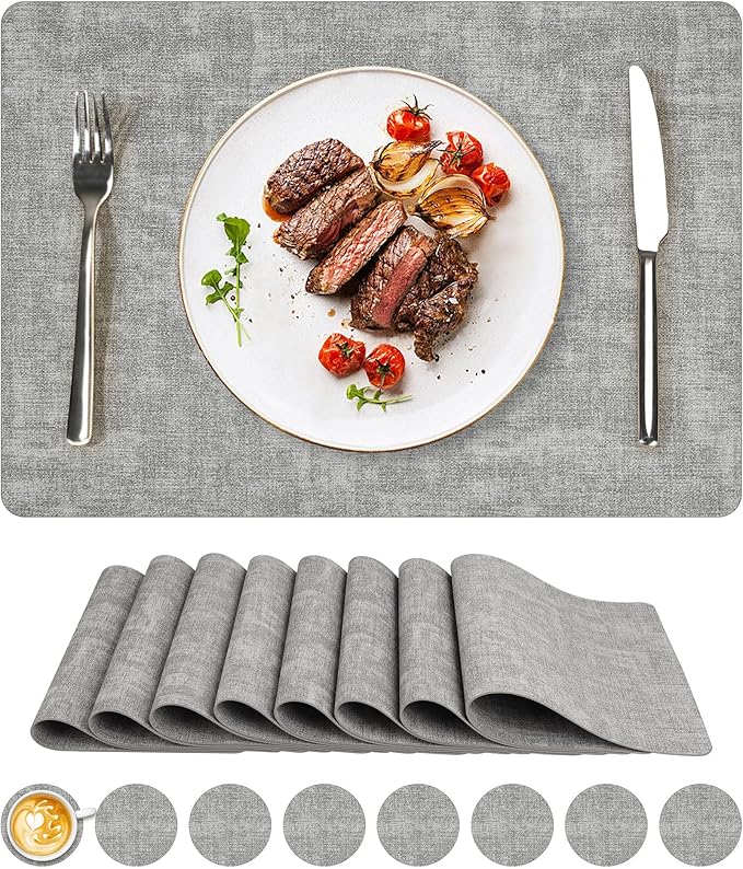 Vinyl Placemats Set of 8, Faux Leather Waterproof and Heat Resistant Place Mats, Washable Anti-Slip Table Mats with Coaster, Wipeable Placemats for Indoor & Outdoor 17" x 12" (Light Grey, Set of 8)
