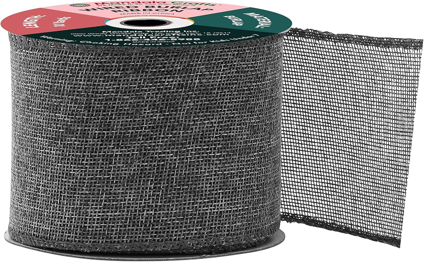 Mandala Crafts Gray Burlap Wired Ribbon 3 Inches Wide Jute Ribbons for Crafts - 10 Yds Roll Rustic Burlap Wrap Trim Ribbons for Wreaths Bows Party Decoration