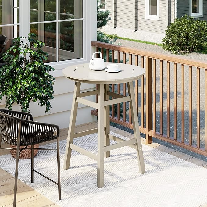 Costaelm Patio Bistro Table, 42" Counter Height Round Patio Cocktail Bar Table with Umbrella Hole, Outdoor Bistro Dining Pub Table for Front Porch Deck Backyard Garden, Sand