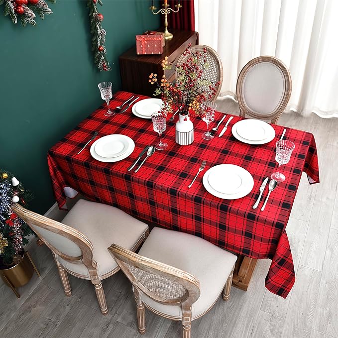 Classic Gingham Buffalo Xmas Tablecloth Fabric - Oblong 58x144 Inch Water Proof Checkered Table Cloth for Indoor Outdoor - Red Christmas Plaid Table Cover for Christmas, Holiday, New Year
