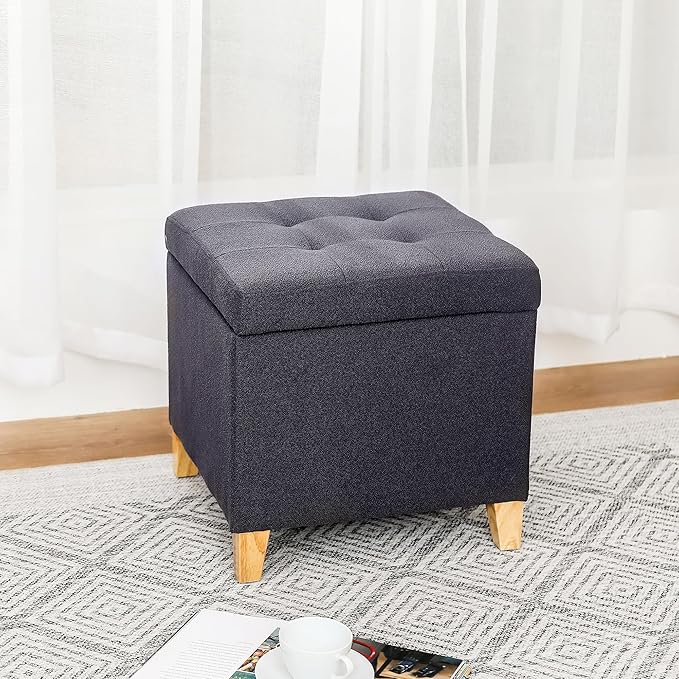 Homebeez Tufted Grainy Linen Fabric Storage Ottoman Square Cube Foot Rest Stool with Flip Top (Dark Gray)