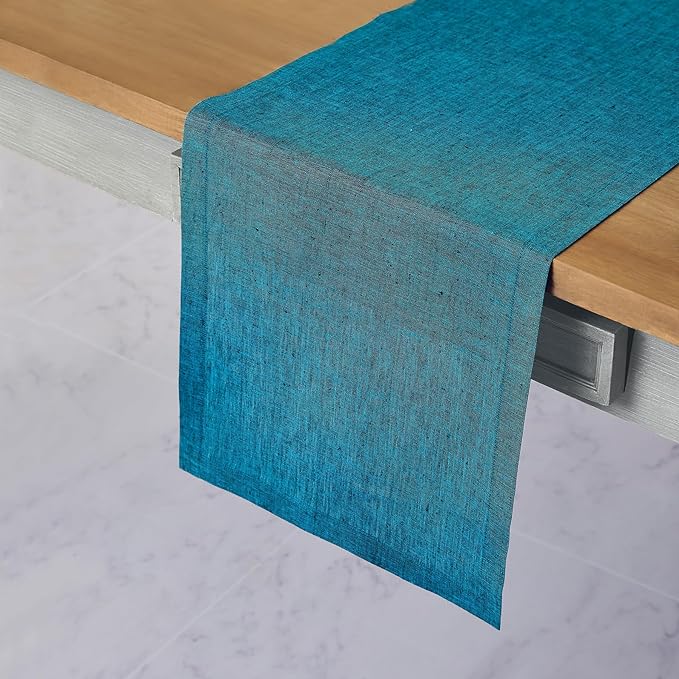 Solino Home Linen Table Runner 156 Inches Long - Athena, 100% Pure Linen Chambray Teal 14 x 156 Inch Table Runner for Dining, Spring, Easter, St Patricks Day
