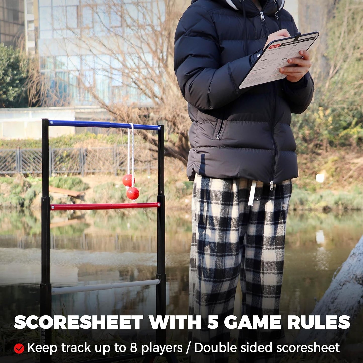 Outdoor Games Ladder Ball Set - Patented Assembly Free Portable Ladder Toss - Steel Frame Includes Carrying Case, 6 Bolas and Scoresheet