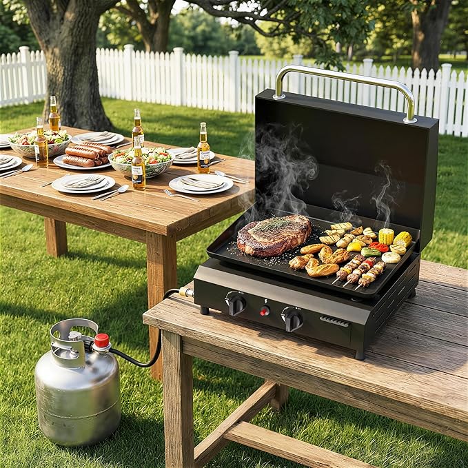 2 Burner BBQ Gas Griddle with Hood, 17.3 Inch Stainless Steel Portable Detachable Propane Griddle, 60,000 BTU Flat Top Grill with Lid for Camping, Black