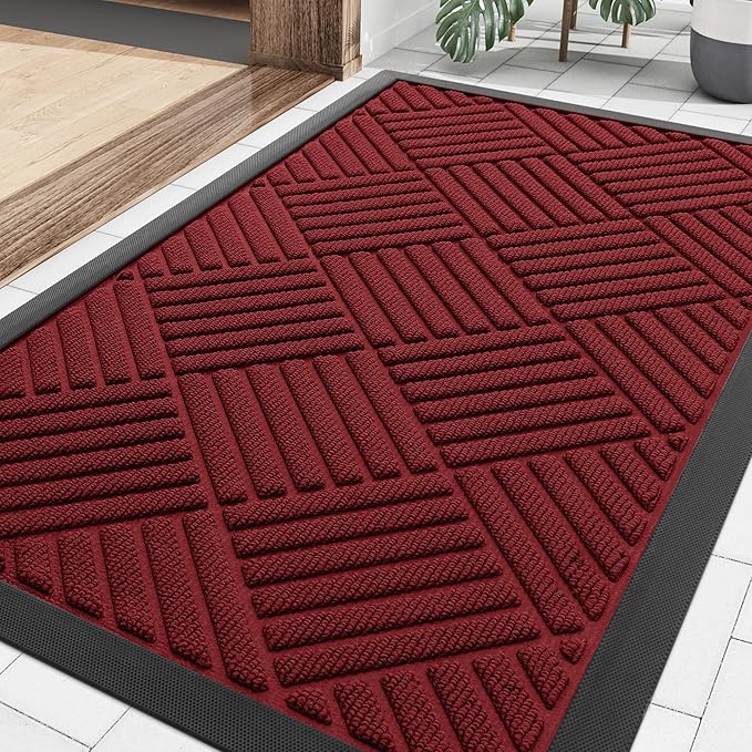 Smiry Front Door Mat Outside Entrance, Heavy Duty Outdoor Indoor Natural Rubber Doormat, Non Slip, Trap Dirt and Moisture, Easy Clean, Low Profile Patio Porch Entryway Mat, 29.5x17, Wine Red