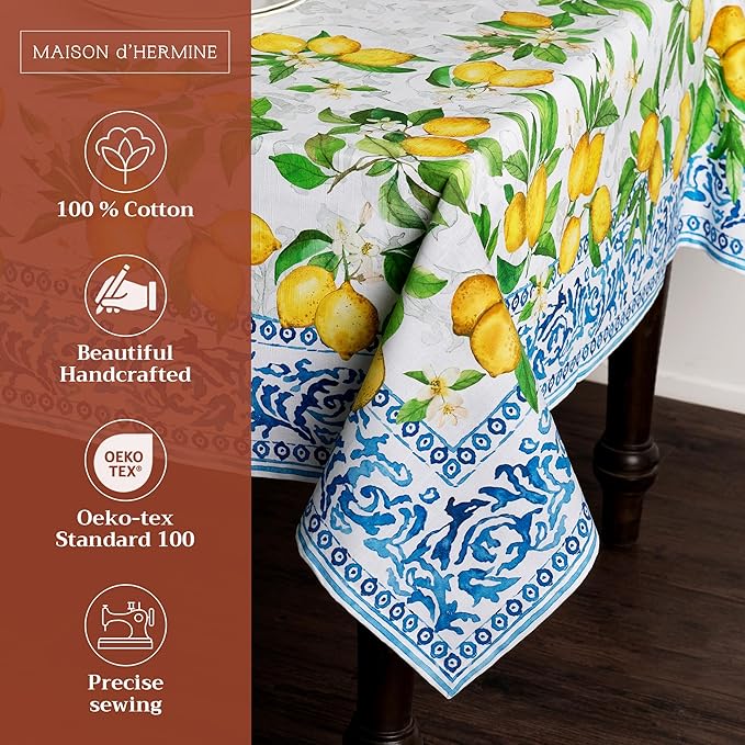 Maison d' Hermine Table Cloth Square Table 100% Cotton 60 x 60 Inches Tablecloth Reusable Decorative Everyday Use for Dining Room, Farmhouse, Home, Party, Festive & Wedding Spring Summer - Cedrat