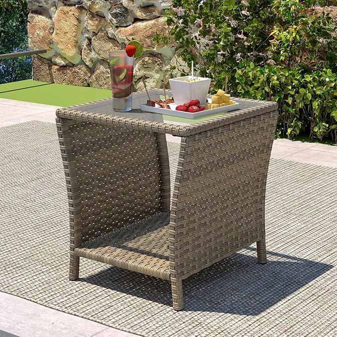 kinbor Small Patio Table - Tempered Glass Top Small Outdoor Wicker Side Table with Storage Shelf for Patio, Balcony & Porch, Durable PE Rattan & Iron Frame