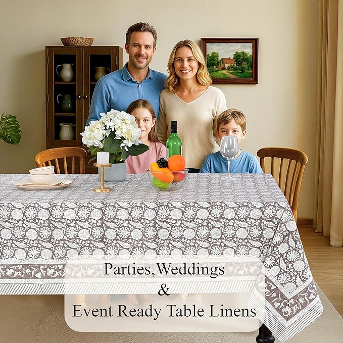 CPC Rustic Brown Tablecloth 100% Cotton 60x90 Inch Indian Block Print Rectangle Table Cover, Table Cloth for Gifting in Weddings, Halloween, Fall, Christmas, Thanksgiving