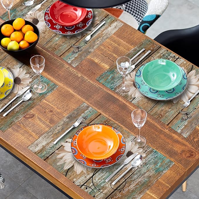 Giwawa Rustic Daisy Board Placemats- White Sunflowers on Vintage Wood Plank Linen Table Place Mat- Farmhouse Wooden Non-Slip Heat Resistant Table Mats for Dining Kitchen Cabin Lodge Decor