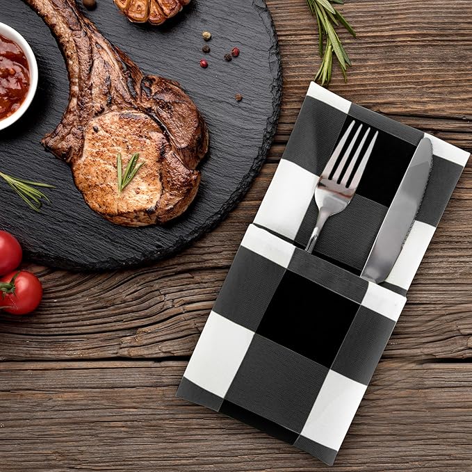 Buffalo Plaid Table Napkins Set of 25 Checkered Cloth Napkins 17x17 inch Washable Dinner Gingham Pattern Napkins Soft Napkins for Wedding Party Dining Banquet(Black and White)