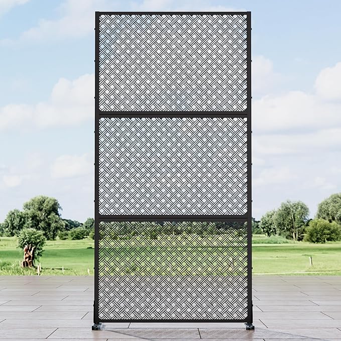 Casaphoria Metal Privacy Screen Outdoor, 72" H x 35" W Freestanding Decorative Privacy Screen for Patio Deck Balcony Garden with Stable Base, Jason- Black