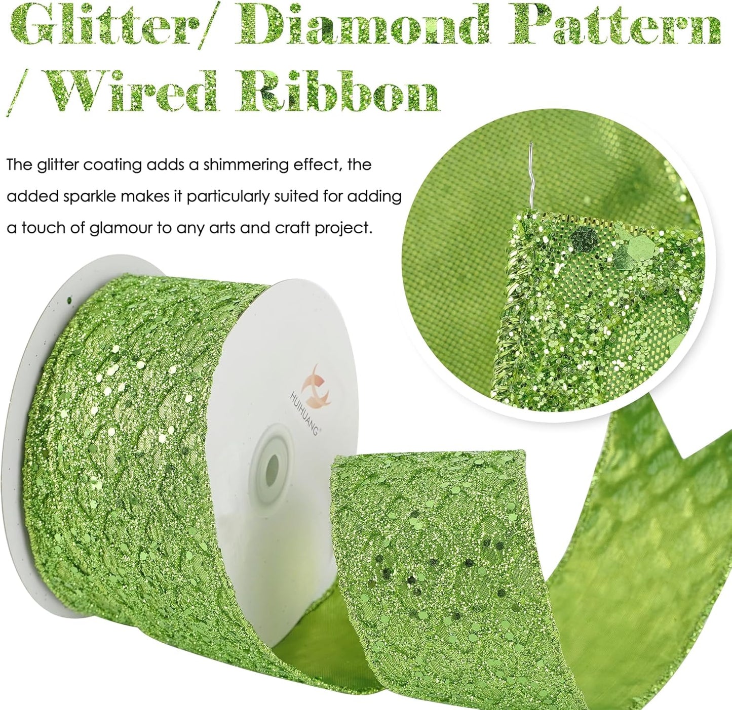 HUIHUANG Lime Green Wired Ribbon for Christmas Tree 2.5 inch Lime Green Glitter Diamond Mesh Ribbon for Tree Decoration, Wreaths, Garland, Gift Wrapping, Bows Making, Halloween Decor -10 Yards