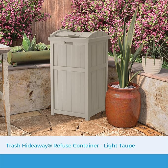 Suncast Hideaway Outdoor Trash Can with Lid - 30 Gallon Trash Can, Light Taupe, Decorative Wicker-Style Garbage Bin, Weather-Resistant Resin Fits 30-33 Gallon Bags, Ideal for Patio & Yard, Made in USA