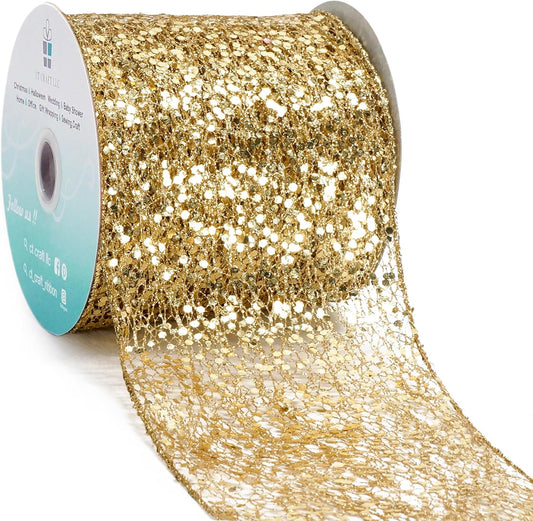CT CRAFT LLC Sparkling Glitter Mesh Wired Ribbon 4" x 10 Yards Gold for Christmas Home Decor Bow Gift Wrapping DIY Crafts Wreath
