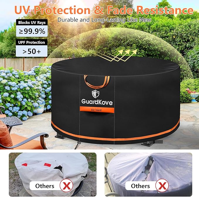 [Upgraded 1000D Heavy Duty Fabric] 50” Fire Pit Cover Round for 48”- 50” Fire Pit/Tables, Waterproof Tear & Fade Resistant Firepit Cover with Buckle, Handle, Drawstring, Air Vent (50”D x 24”H,Black)