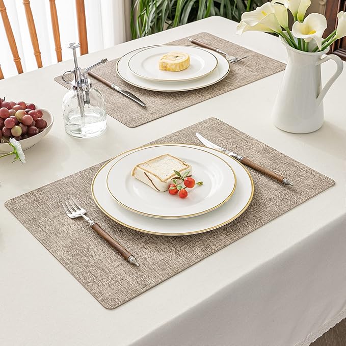 Romanstile Vinyl Placemats Set of 4-12 X 17 Inch - Heat Resistant Place Mats 100% Waterproof Oilproof Wipeable Reversible Faux Leather Table Mats for Kitchen, Dining, Party, Outdoor, Khaki