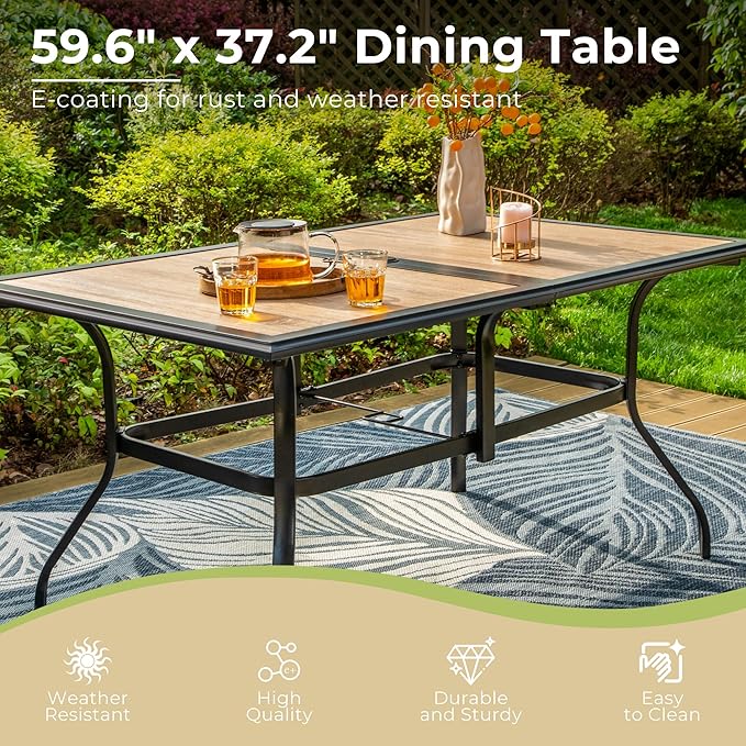 Outdoor Patio Dining Table for 6, 60" x 37" Rectangular Metal Patio Dining Table with Umbrella Hole and Faux Wood Tabletop, All Weather Wrought Iron Black Outdoor Table for Backyard and Porch