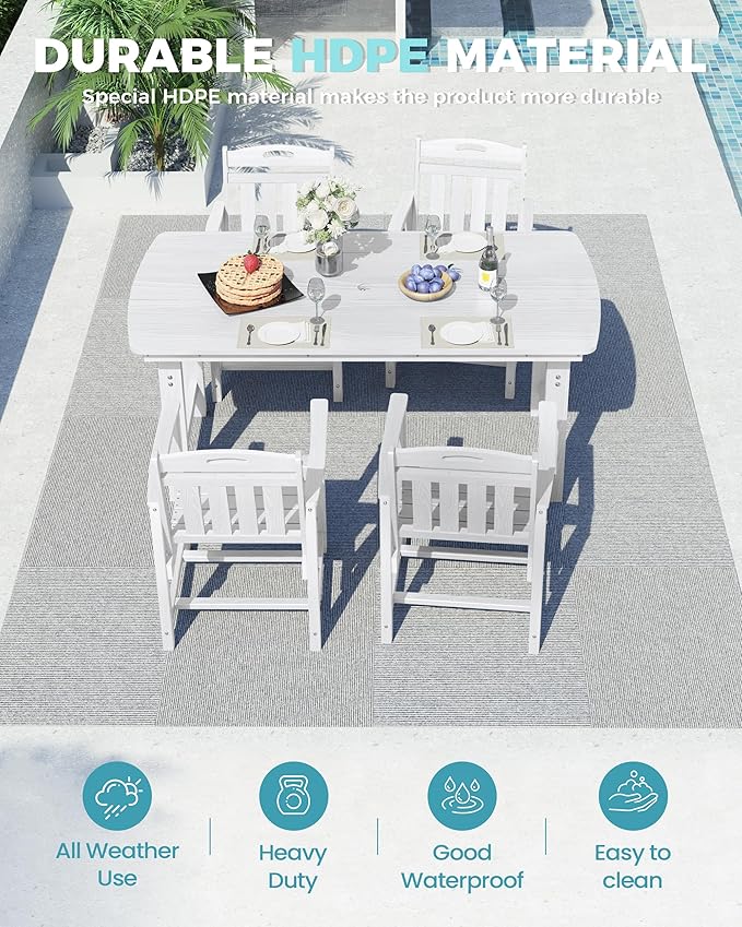Ciokea HDPE Outdoor Dining Set, 5-Piece Patio Table and Chairs Set with Umbrella Hole, All-Weather Patio Dining Sets for 4, Durable Patio Furniture for Backyard, Garden, Lawn & Poolside, White