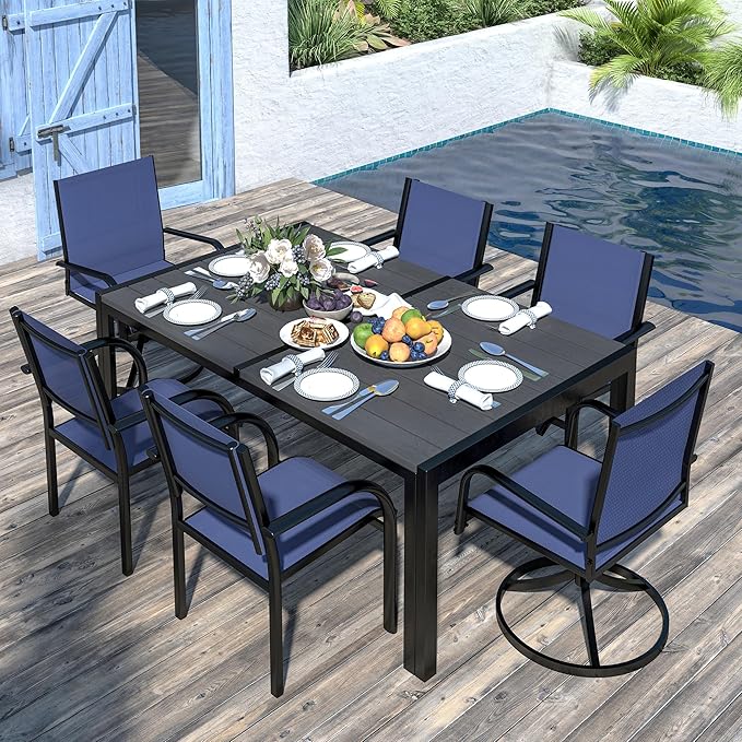 Outdoor Dining Set for 6, Metal Patio Table and Chairs Set with 2 Swivel Chairs, 4 Regular Textilene Chairs and 1 Large Table, Modern Patio Furniture Set for Deck Backyard (Navy Blue)