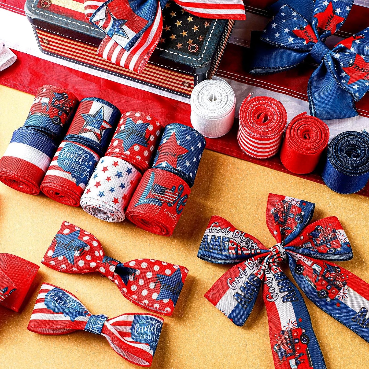 12 Rolls 60 Yards 4th of July Patriotic Ribbon Stars and Stripes Burlap Wired Edge Ribbon White Blue Red Decorative Crafts for Independence Day Memorial Day Gift Wrapping DIY Bow Craft