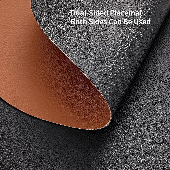 Myir JUN Placemats, Dual-Sided Placemats Waterproof Faux Leather Placemats Set of 6 Place Mats and Coasters Non-Slip Washable Table Mats for Dining Table (Black Brown, Set of 6)