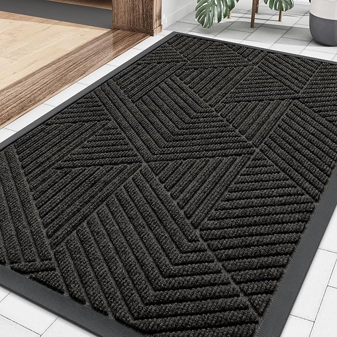 Smiry Front Door Mat Outside Entrance, Heavy Duty Sturdy Natural Rubber Doormat, Trap Dirt and Moisture, Easy Clean Low Profile Mats for Indoor Outdoor Entry, Irregular Triangle (36x24, Charcoal)