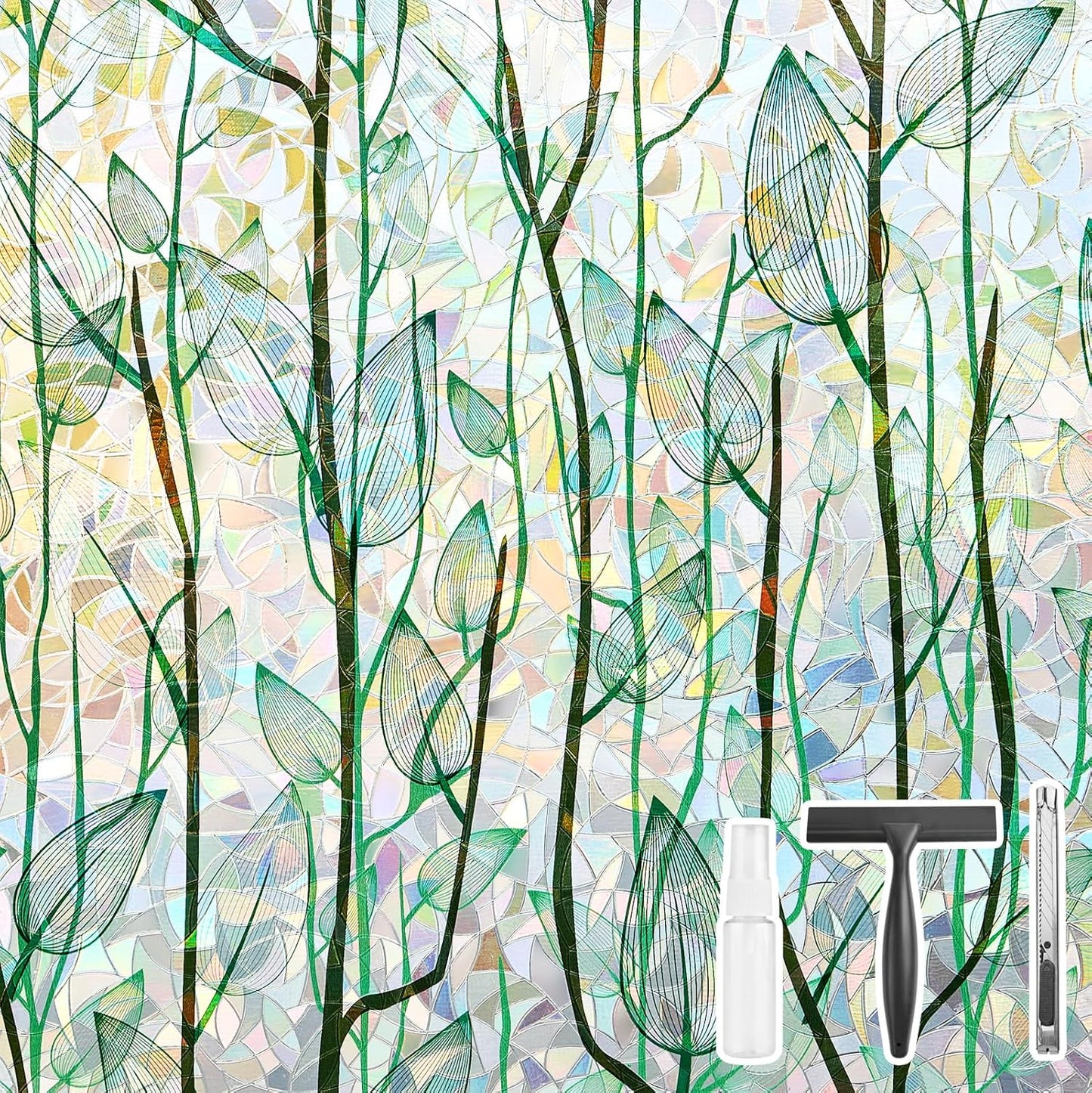 Finnez Window Privacy Film Window Film 3D No Glue Glass Sticker for Glass Door Home and Office Heat Control Anti UV (35.4 Inch x 6.5 Feet, Rainbow Grove)