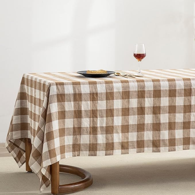EVERLY 100% Yarn-Dyed Linen Rectangle Tablecloths 60x84Inches for Dining,Buffet Parties,Picnic,Events and Restaurants,Decorative Halloween,Thanksgiving Machine Washable Tablecloths-Brown Plaid