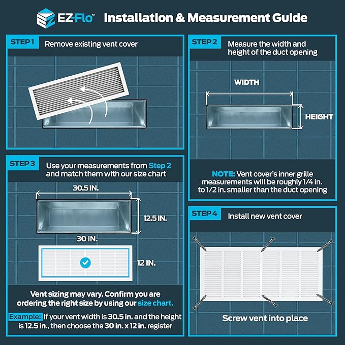 EZ-FLO 30 x 12 Inch (Duct Opening) Return Air Vent Cover for Wall or Ceiling, Solid Steel Return Air Grille, HVAC Vent Cover, White, 61648