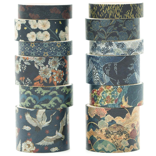 12 Rolls Kyoto Charm Washi Tape Set Japanese Arts Adhesive Tapes Geometric Garden Decorative Masking Tape Sets for Craft, Kids, Scrapbook, DIY, Gift Wrapping (Azure Tranquility)