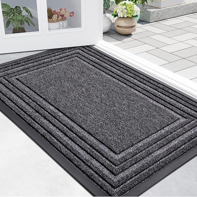 Buganda Front Door Mat Indoor Outdoor Entrance, Non-Slip Natural Rubber Doormats, Easy Clean, Low Profile, Dirt Trapper Entryway Floor Mats for Outside, Garages and Patios, 36x24, Silver Grey