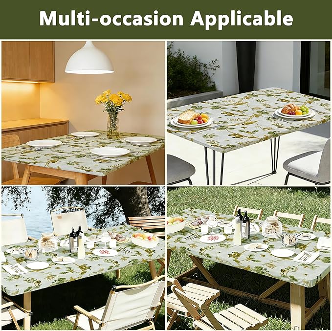 Rectangle Picnic Table Cloth, Elastic Waterproof Fitted Vinyl Tablecloths for 8 Foot Tables, Wipeable Flannel Backed Table Covers for Dining, Camping, Outdoor(Magpie,30"x96")