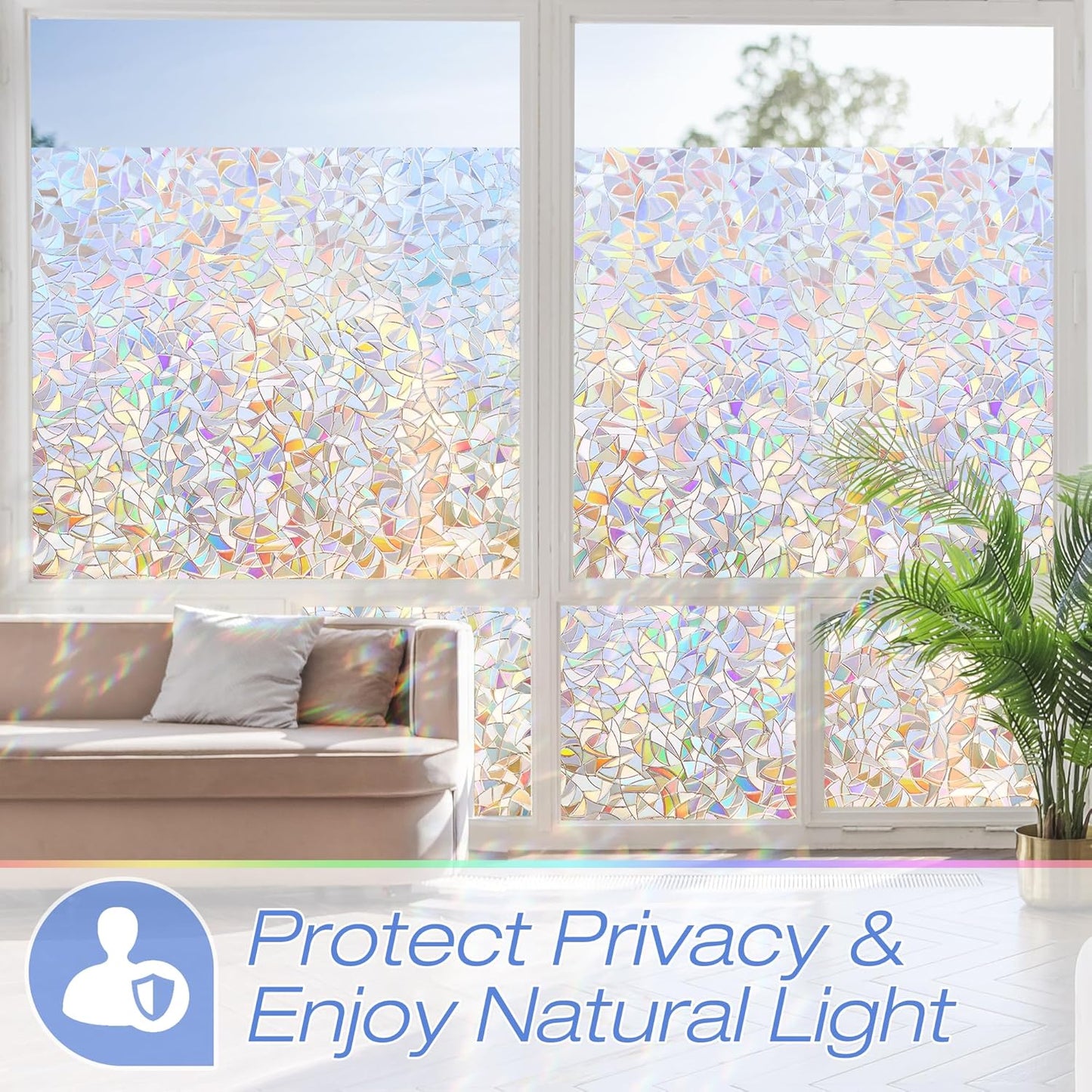 Homein Window Privacy Film, Rainbow Window Film Decorative 3D Window Clings Non Adhesive Window Tint for Home, Stained Glass Window Film for Glass, UV Blocking, 17.5 x 78.7 inches