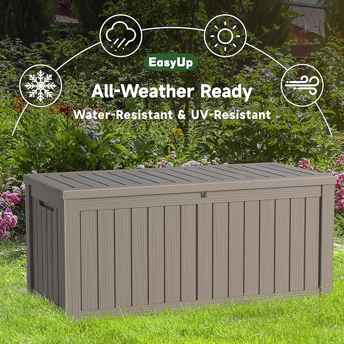 EasyUp 150 Gallon Outdoor Storage Box Waterproof, UV Resistant Resin Deck Box with Hydraulic Rod, Reinforced Stability for Patio, Garden, and Pool, Striped Gray