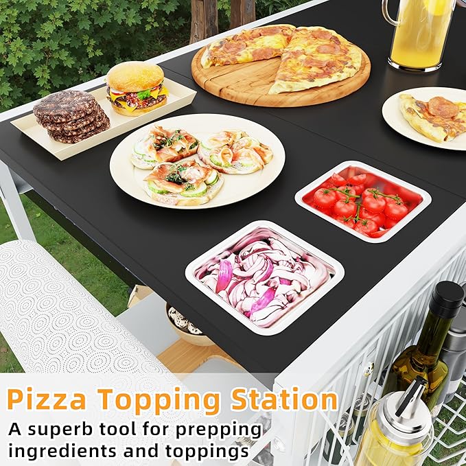 Vongrasig Pizza Oven Cart with Topping Station, Outdoor Grill Table Kitchen Island with Storage for Ninja Woodfire Blackstone Griddle Cuisinart etc Grill, Silver