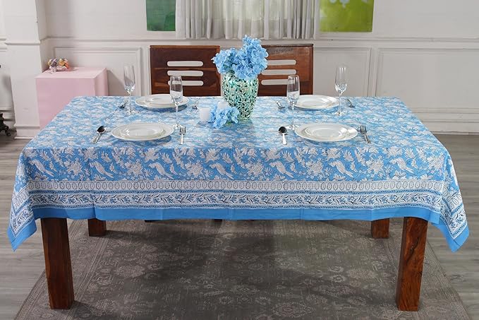 CPC Blue Sapphire 80X120 Inch Rectangle Tablecloth Cotton Indian Block Print Tablecloth Handmade Printed Washable Cotton Table Cloth Spring Summer Weding Table Cover