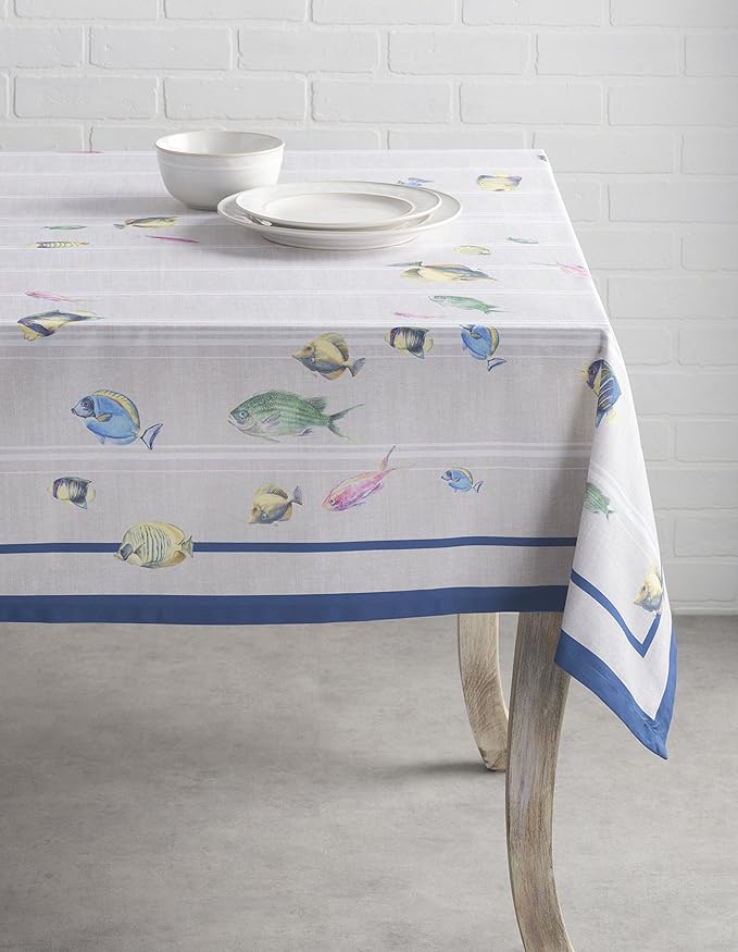 Maison d' Hermine Table Cloth Rectangle Table 100% Cotton 60 x 90 Inches Tablecloth Reusable Decorative Everyday Use for Dining Room, Farmhouse, Home, Party, Festive & Wedding Spring Summer - Poisson