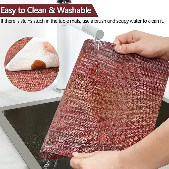 SLKQG Red Placemats Set of 6 - Easy Clean Washable Vinyl Placemats - Wipeable Heat Resistant Table Mats for Dining Table - 17.7x11.8 Inch (6, Red Gradient)