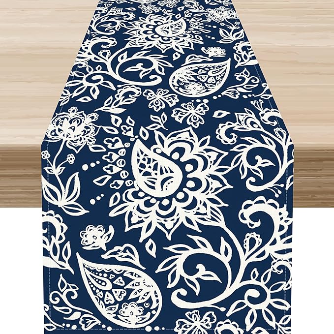 Blue Paisley Table Runner, Vintage Damask Antique Floral Flower Boho Damask Swirled Rustic Coffee Table Center Decor for Family Kitchen and Living Room Outdoor Table Decorations, 13"x36"