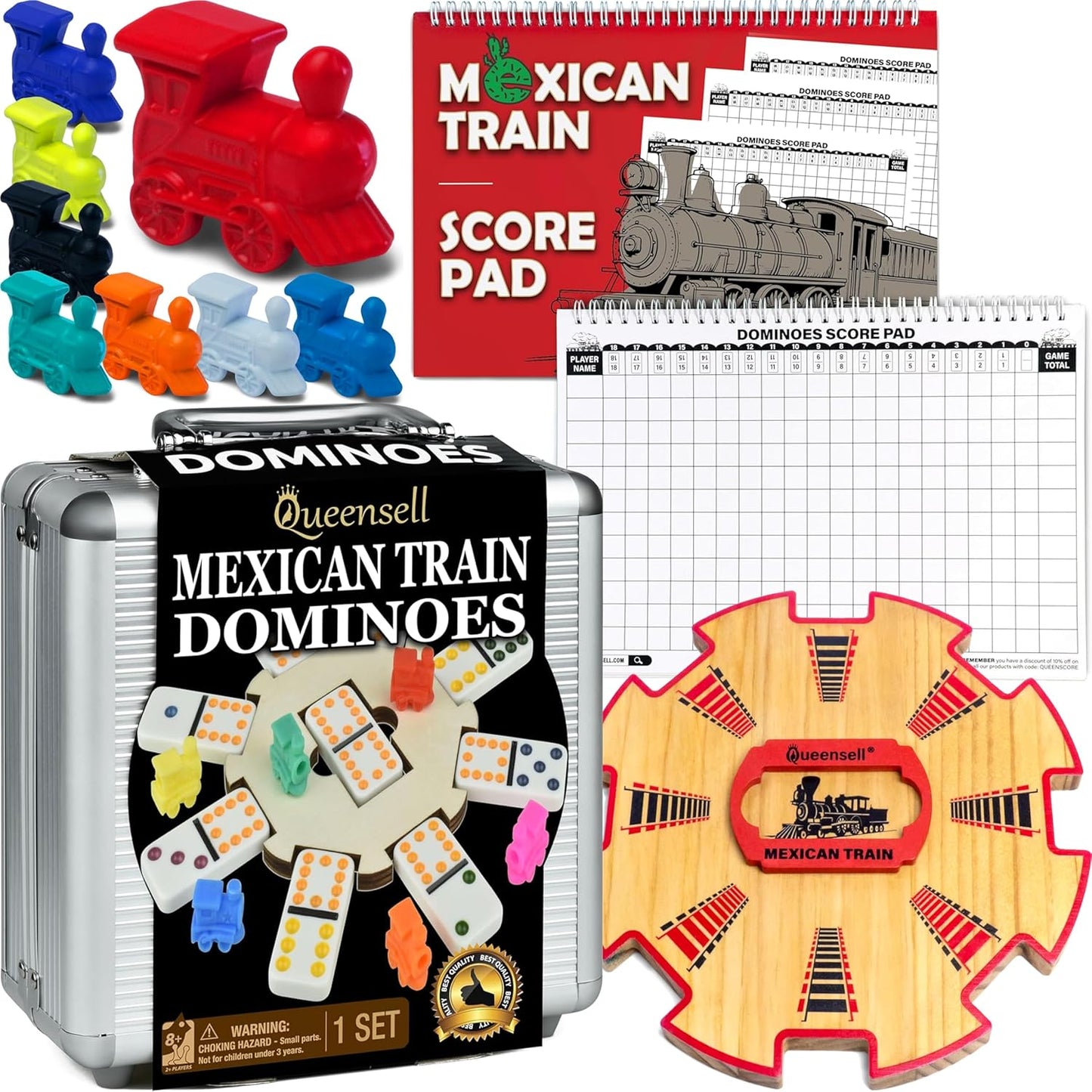 Queensell Dominoes Double 12 + Wooden Hub + Score Pad + Metal Trains