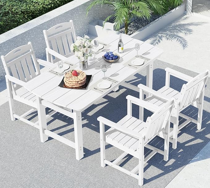 Ciokea HDPE Outdoor Dining Set, 5-Piece Patio Table and Chairs Set with Umbrella Hole, All-Weather Patio Dining Sets for 4, Durable Patio Furniture for Backyard, Garden, Lawn & Poolside, White