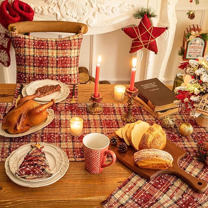 Red Plaid Snowflake Christmas Table Runner, Winter Holiday Table Runners 108 inches Long Xmas Decorations Indoor Outdoor Farmhouse Home Kitchen Dining Party Decor
