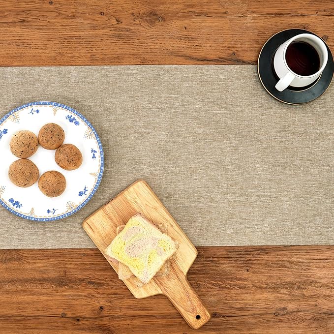Mebakuk Linen Farmhouse Table Runner Large Burlap Style Soft and Waterproof Decorative Fabric Runner for Outdoor Wedding and Dinner (14 x 60 Inch, Mocha)