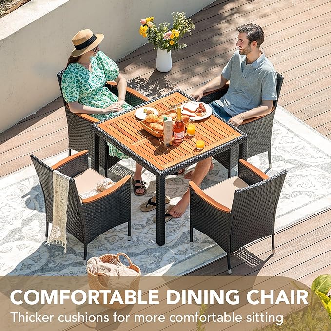 Devoko 5 PCS Furniture, Patio Conversation Set with Acacia Wood Top, Rattan Outdoor Dining Table and Chairs for Backyard, Garden, Deck, Black